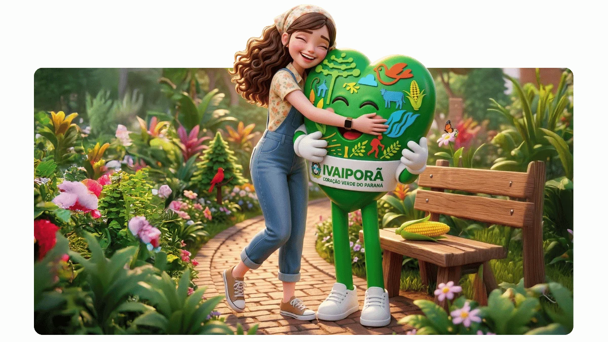 IVA com o personagem verde de Ivaiporã em um jardim